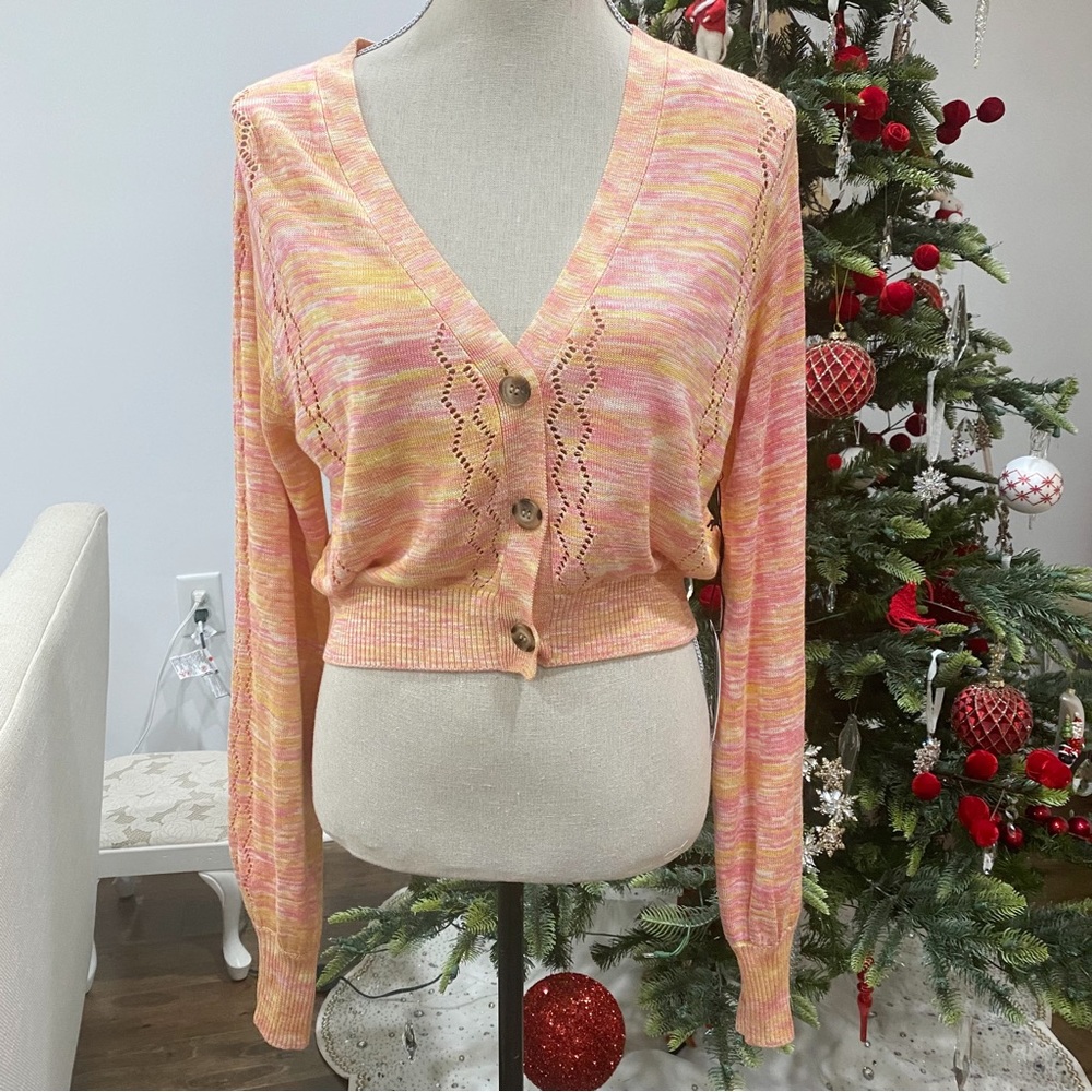 Callahan Knitwear Pink Orange Space Dye Cropped Cardigan Sz S Indie Boho Whimsy